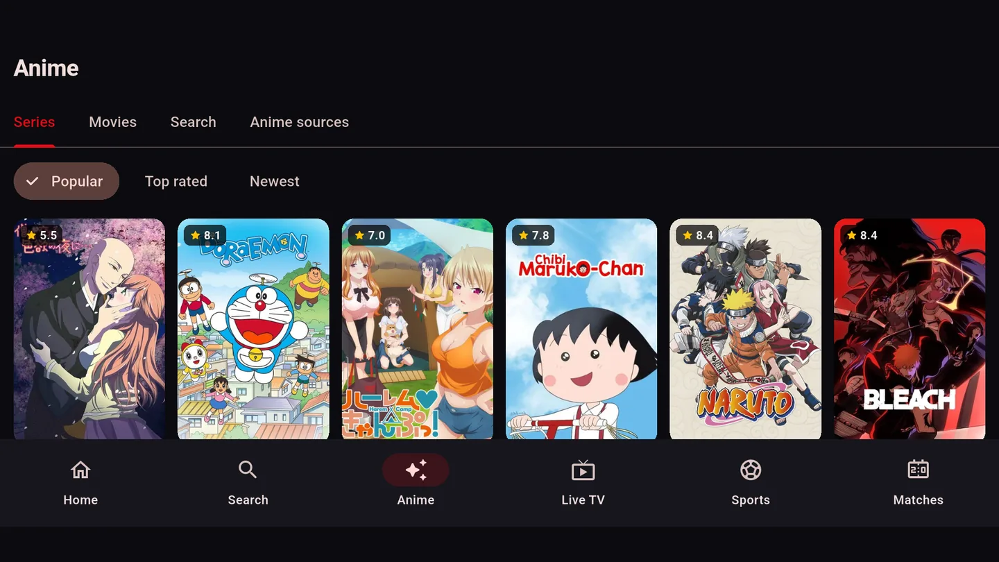 Nova TV Pro anime section on a TV, showing a row of popular series