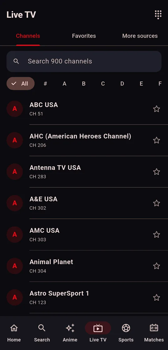 Live TV channel list with search and favorites